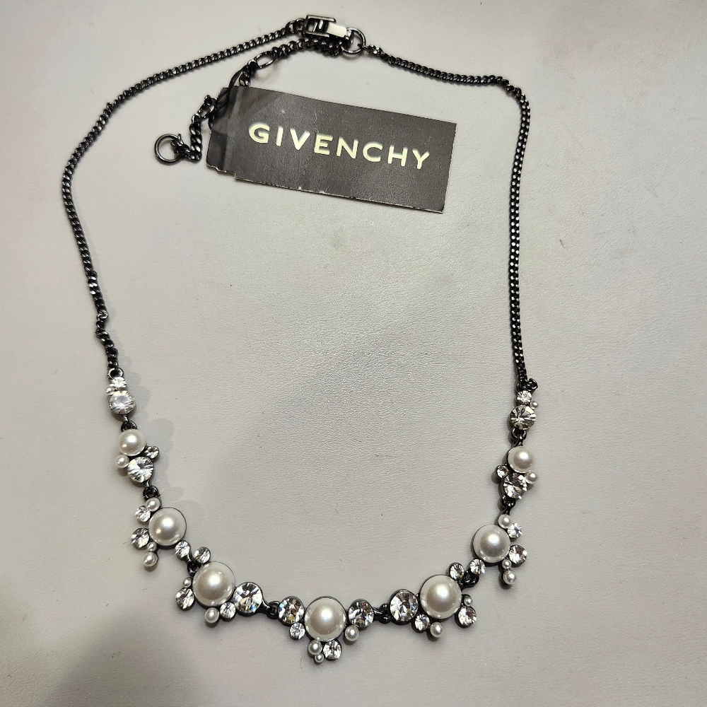 NWT Givenchy Hematite-Tone Imitation Pearl & Crystal Frontal Necklace